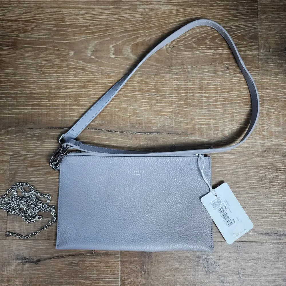 NWT Ted Baker London Pebble Leather Gray Clutch / Chain Crossbody
